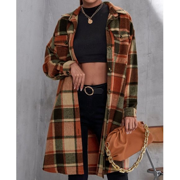 Casual Plaid Print Flap Pocket button down Duster Jacker Coat - Picture 2 of 7